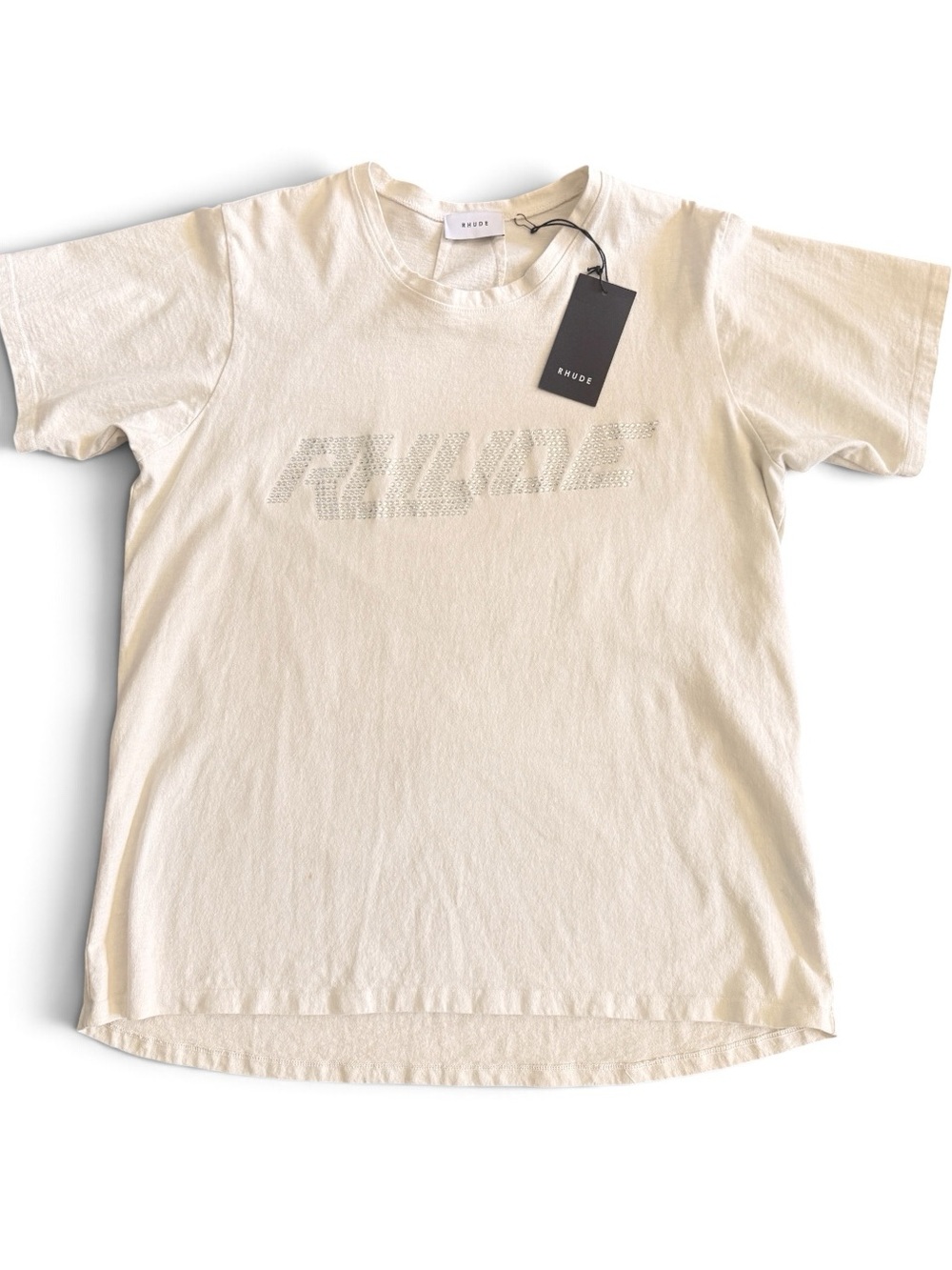 NWT RHUDE Swarovski crystal logo tee in cream/off-white.